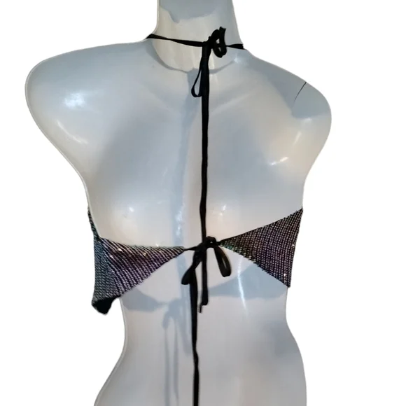 lulus sequin tie-back halter top xs cowl neck iridescent sequins cropped bodice - Picture 2 of 9